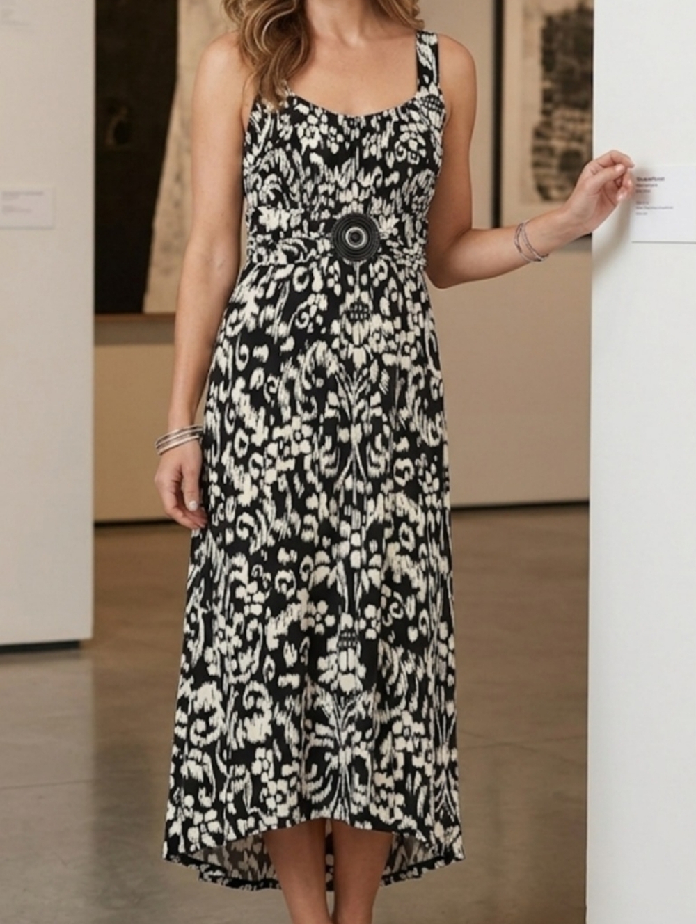 Enfocus Studio Black and Cream Printed Maxi Dress with Decorative Waist